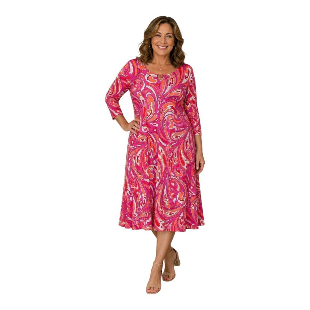 SUSAN GRAVER Women' XL Dress Midi 70s Swirls Pattern Pink Orange 3/4 Sleeve FLAW